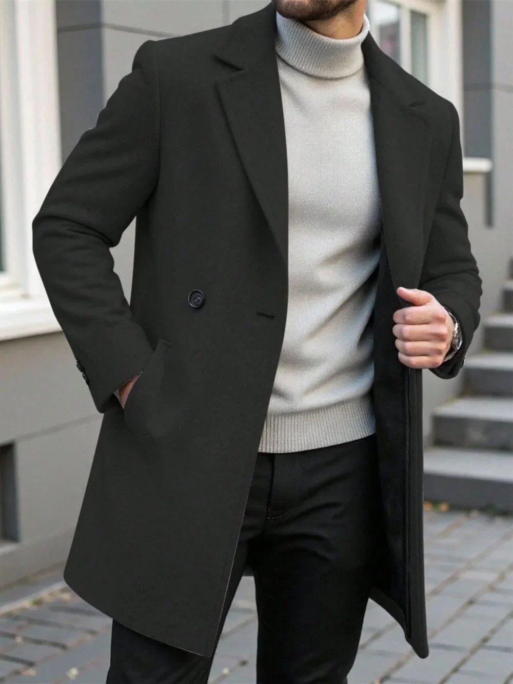 Black Casual Men's Double Breasted Long Sleeve Overcoat